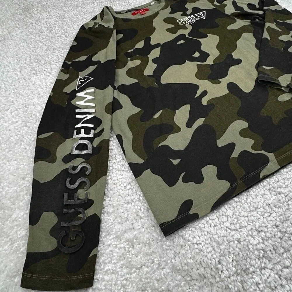 Guess Denim Los Angeles Green Camo Long Sleeve T-shirt Unisex Mens Medium